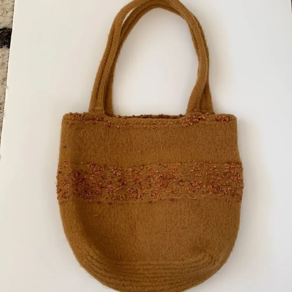 Vintage Felted Wool Embellished Mustard Yellow Purse Handbag